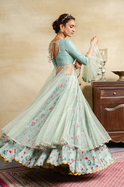 AQUA FLORAL PRINTED & EMBROIDERED ANARKALI SET (3 PCS)