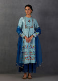 AQUA SILK CHANDERI PRINTED-EMBROIDERED FRONT OPEN KURTA SET ( MK-07 )