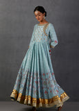 AQUA SILK CHANDERI PRINTED & EMBROIDERED ANGRAKHA STYLE ANARKALI SET(FB-12A)