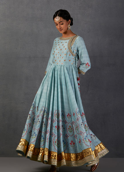 AQUA SILK CHANDERI PRINTED & EMBROIDERED ANGRAKHA STYLE ANARKALI SET(FB-12A)