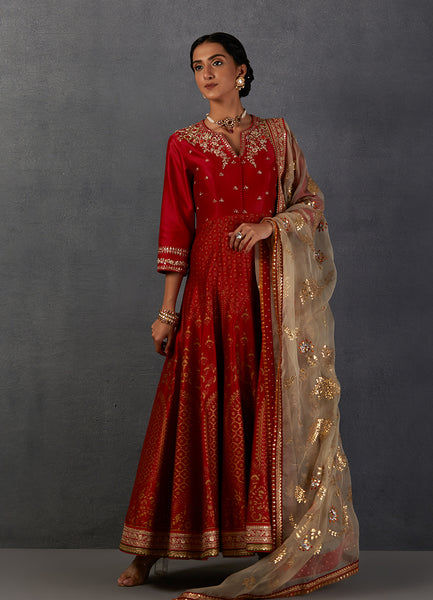 CRIMSON RED SILK CHANDERI GOLD PRINTED & EMBROIDERED ANARKALI SET (FB-39)
