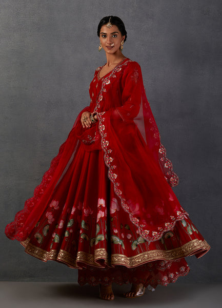 RED SILK CHANDERI PRINTED & EMBROIDERED ANARKALI SET (3 PCS)