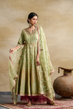 PISTA GREEN SILK CHANDERI FOIL PRINTED & EMBROIDERED ANARKALI SET (3 PCS)