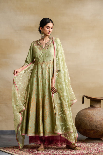 PISTA GREEN SILK CHANDERI FOIL PRINTED & EMBROIDERED ANARKALI SET (3 PCS)