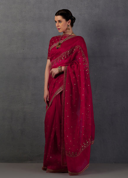 RED ORGANZA EMBROIDERED SAREE SET (YMN-19C)