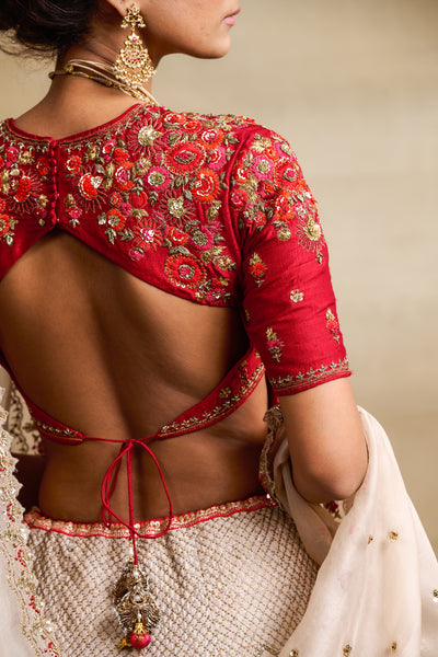 IVORY & ORANGE SILK DUPION EMBROIDERED LEHENGA SET (4 PCS)