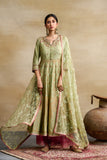 PISTA GREEN SILK CHANDERI FOIL PRINTED & EMBROIDERED ANARKALI SET (3 PCS)