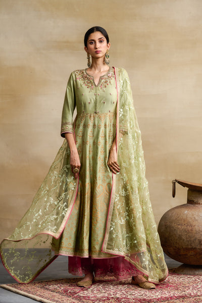 PISTA GREEN SILK CHANDERI FOIL PRINTED & EMBROIDERED ANARKALI SET (3 PCS)