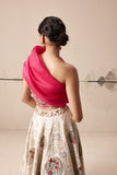 One shoulder hot pink embroidered blouse and ivory lehenga set (E-27/TL-115)