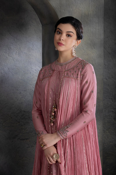 DUSTY PINK CHANDERI & COTTON FLORAL EMBROIDERED ANGRAKHA SET  (BV-04)
