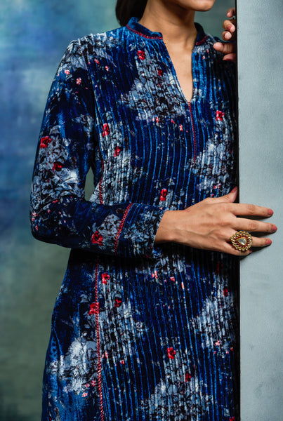 BLUE SILK VELVET EMBROIDERED TUNIC (1 PC)