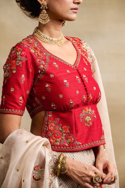 IVORY & ORANGE SILK DUPION EMBROIDERED LEHENGA SET (4 PCS)