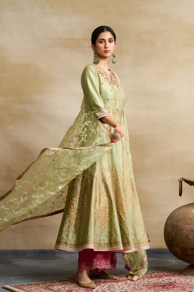 PISTA GREEN SILK CHANDERI FOIL PRINTED & EMBROIDERED ANARKALI SET (3 PCS)
