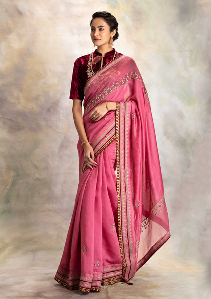 HOT PINK EMBROIDERED SAREE SET (3 PCS)