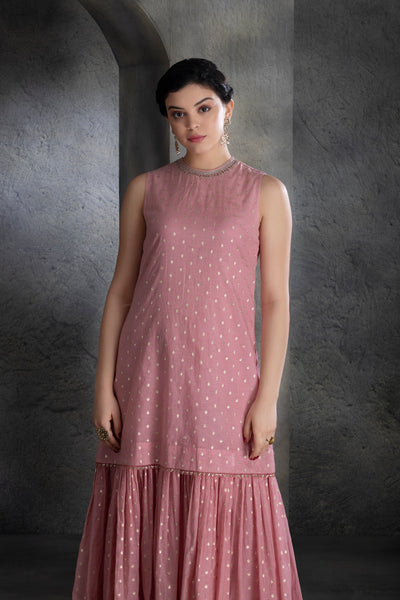 DUSTY PINK CHANDERI & COTTON FLORAL EMBROIDERED ANGRAKHA SET  (BV-04)