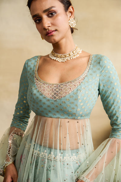 AQUA FLORAL PRINTED & EMBROIDERED ANARKALI SET (3 PCS)