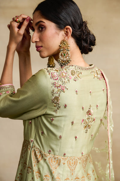 PISTA GREEN SILK CHANDERI FOIL PRINTED & EMBROIDERED ANARKALI SET (3 PCS)