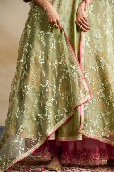 PISTA GREEN SILK CHANDERI FOIL PRINTED & EMBROIDERED ANARKALI SET (3 PCS)