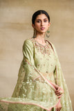 PISTA GREEN SILK CHANDERI FOIL PRINTED & EMBROIDERED ANARKALI SET (3 PCS)