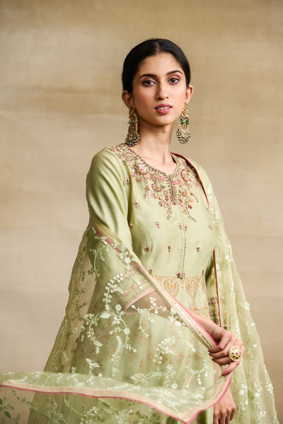 PISTA GREEN SILK CHANDERI FOIL PRINTED & EMBROIDERED ANARKALI SET (3 PCS)