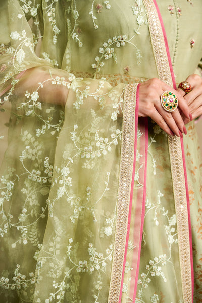 PISTA GREEN SILK CHANDERI FOIL PRINTED & EMBROIDERED ANARKALI SET (3 PCS)