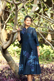 Indigo Blue Fern-leaf Printed Tunic With Contrast Trim On Collar (JB-03A)