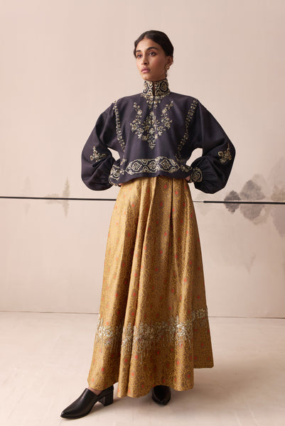 Charcoal embroidered blouse and Yellow brocade skirt set(E-10/TL-14)