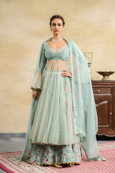 AQUA FLORAL PRINTED & EMBROIDERED ANARKALI SET (3 PCS)