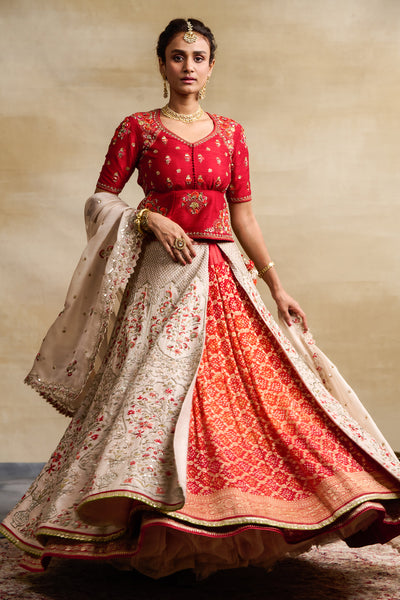 IVORY & ORANGE SILK DUPION EMBROIDERED LEHENGA SET (4 PCS)
