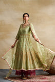 PISTA GREEN SILK CHANDERI FOIL PRINTED & EMBROIDERED ANARKALI SET (3 PCS)