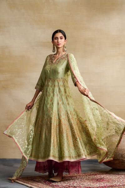 PISTA GREEN SILK CHANDERI FOIL PRINTED & EMBROIDERED ANARKALI SET (3 PCS)