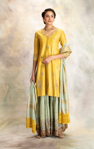 YELLOW ZARDOZI EMBROIDERED KURTA WITH MINT SHARARA (BRM-30S)
