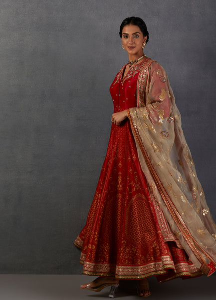 CRIMSON RED SILK CHANDERI GOLD PRINTED & EMBROIDERED ANARKALI SET (FB-39)