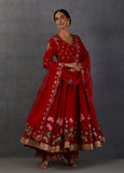 RED SILK CHANDERI PRINTED & EMBROIDERED ANARKALI SET (3 PCS)