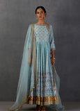 AQUA SILK CHANDERI PRINTED & EMBROIDERED ANGRAKHA STYLE ANARKALI SET(FB-12A)