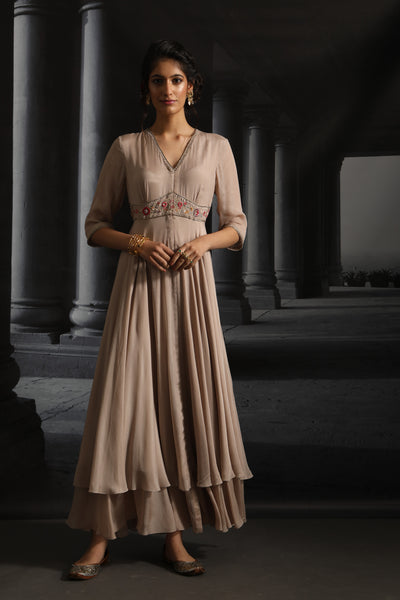 Champagne Double Layered Embroidered Dress (EM-06)