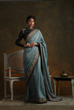 AQUA THIN CHANDERI EMBROIDERED SAREE SET (2 PCS)