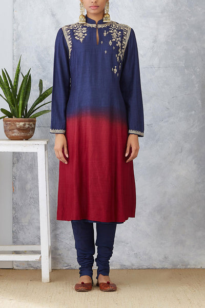 Eye Catching Navy Blue With Maroon Ombre Embroidered Kurta With Churidar ( NAAZ-06 )