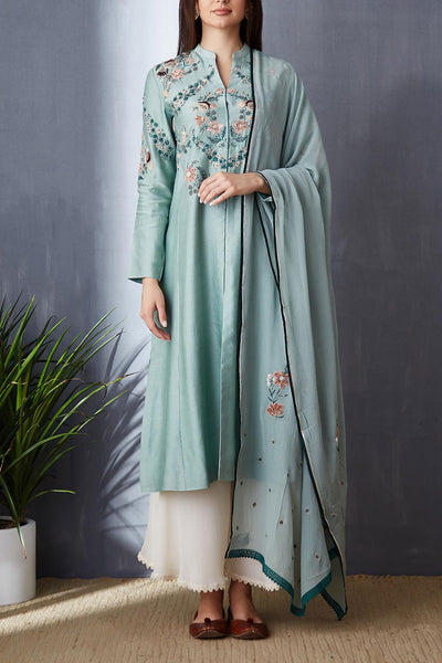 AQUA BLUE EMBROIDERED KURTA SET (3 PCS)