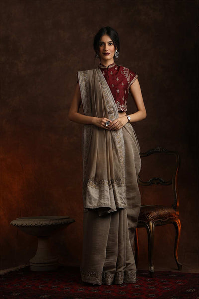 TOOSH & MAROON CHANDERI EMBROIDERED SAREE SET (2 PCS)