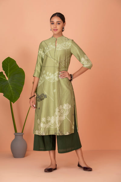 GREEN SILK CHANDERI PRINTED TUNIC (1 PC)