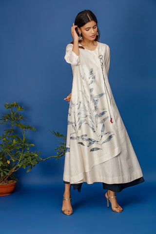 Leaf Printed Angrakha Kurta With Full Back & Front Print. Ivory