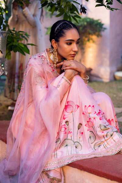 OLD ROSE SILK CHANDERI LOTUS PRINTED ANARKALI SET (3 PCS)
