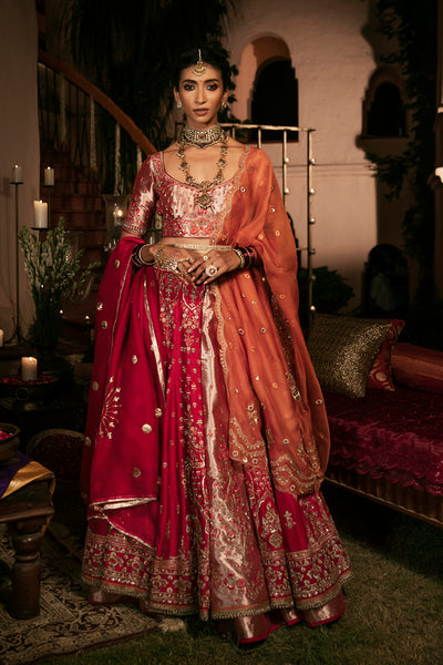 ANTIQUE RED SILK DUPION EMBROIDERED LEHENGA SET (4 PCS)