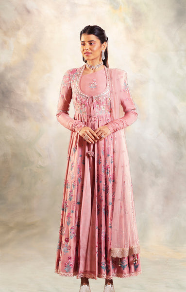 OLD ROSE EMBROIDERED ANGRAKHA STYLE KURTA SET (KK-26A)