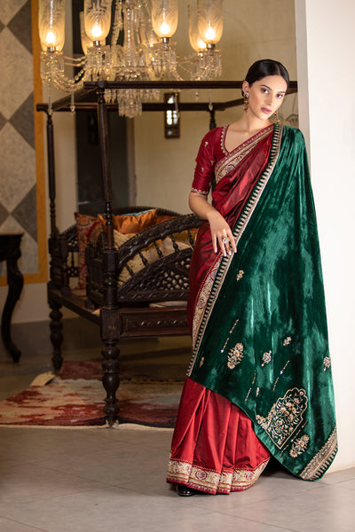 Emerald silk velvet heavily embroidered dushala ( DUS-63 )