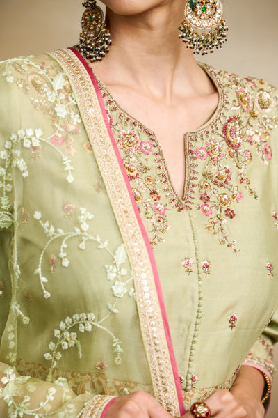 PISTA GREEN SILK CHANDERI FOIL PRINTED & EMBROIDERED ANARKALI SET (3 PCS)