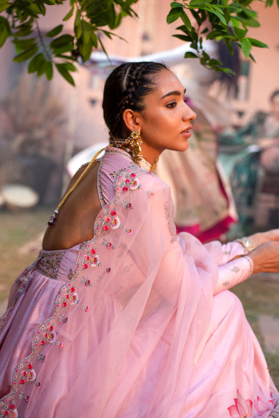 OLD ROSE SILK CHANDERI LOTUS PRINTED ANARKALI SET (3 PCS)