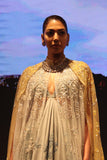 Aqua embroidered halter neck dress and ivory-yellow cape set (E-20/TL-89)