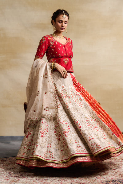 IVORY & ORANGE SILK DUPION EMBROIDERED LEHENGA SET (4 PCS)